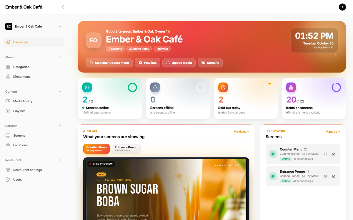 Signage dashboard: screens online, sold out today, items on screens and a live preview
