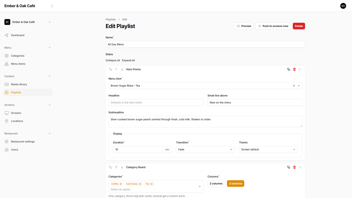 Playlist builder with slides, durations and transitions