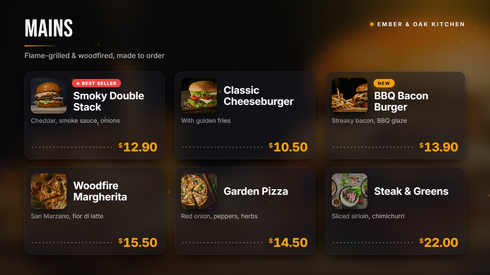 Category Board template: six menu items with photos and prices