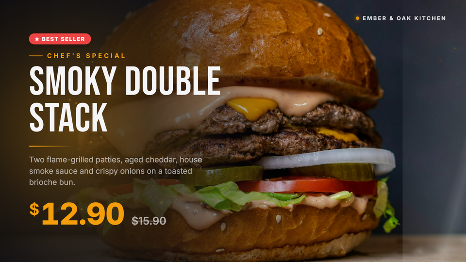 Hero Promo template: full-screen burger photo with headline and price