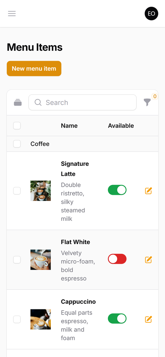 Menu items on a phone, with Flat White switched to sold out