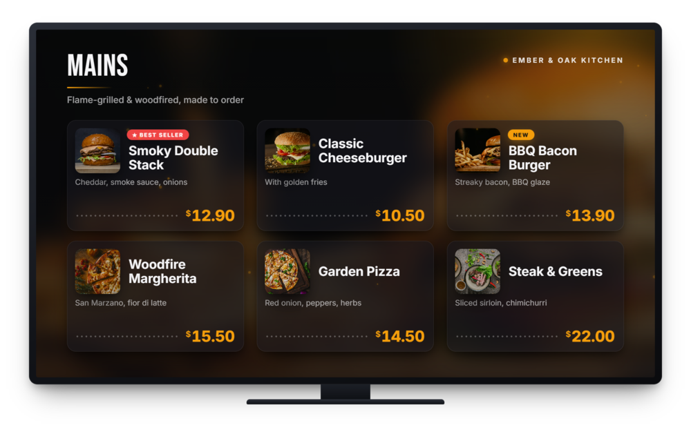 TV showing a live menu board with burgers, pizzas and prices