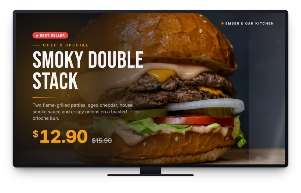 TV showing a full-screen burger promo with price