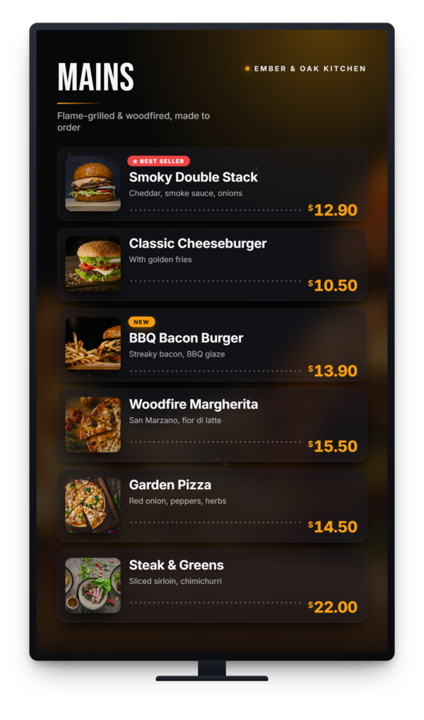 Portrait TV showing a menu board