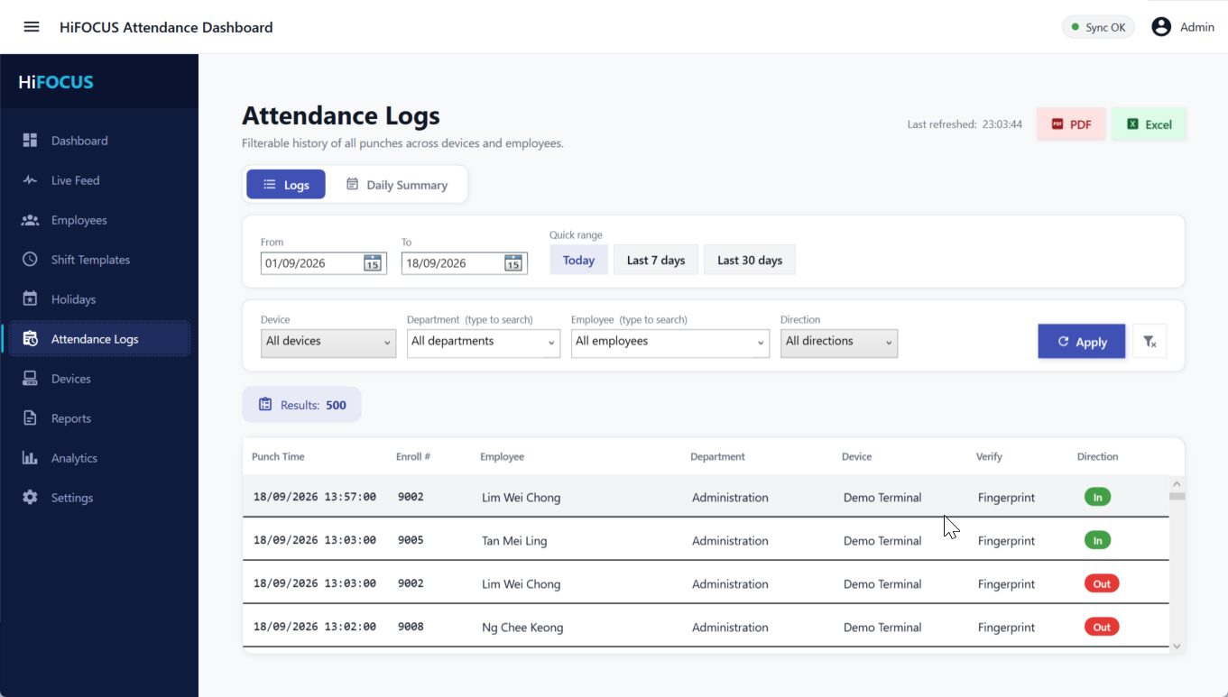 Attendance Logs screen with date range, device, department, employee and direction filters above the punch history