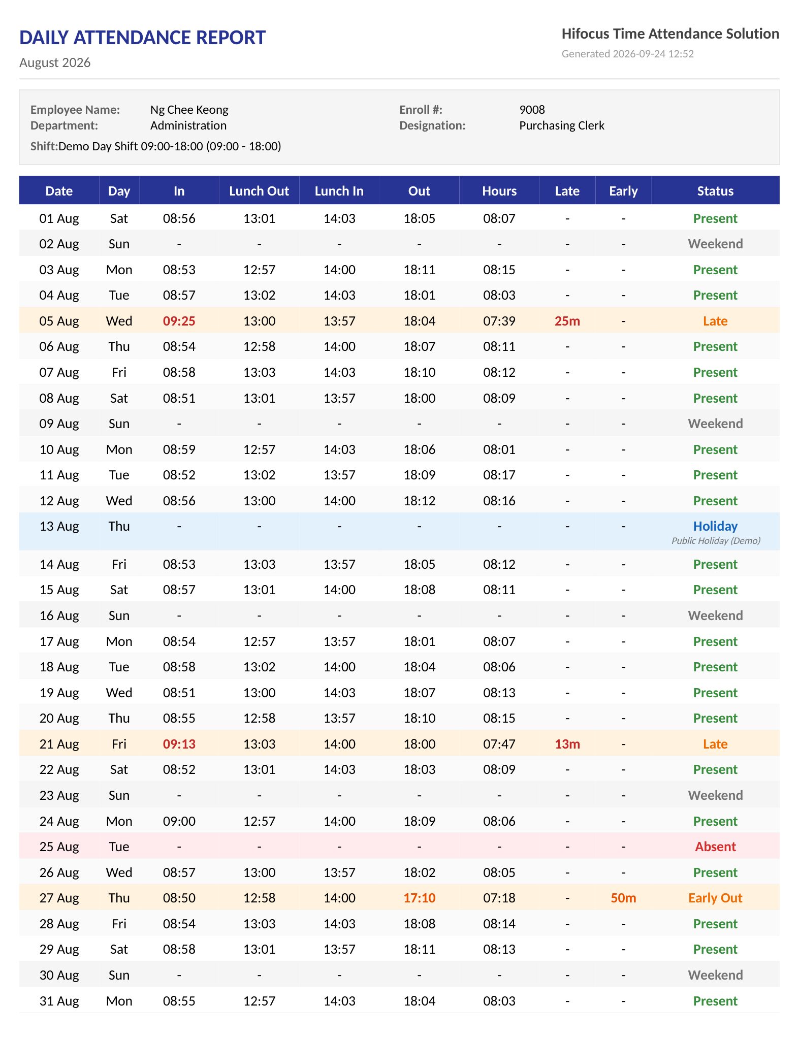 Sample Daily Attendance report for one employee for August 2026, one row per day with in, lunch and out times and hours, and late, early out, absent, weekend and holiday days marked