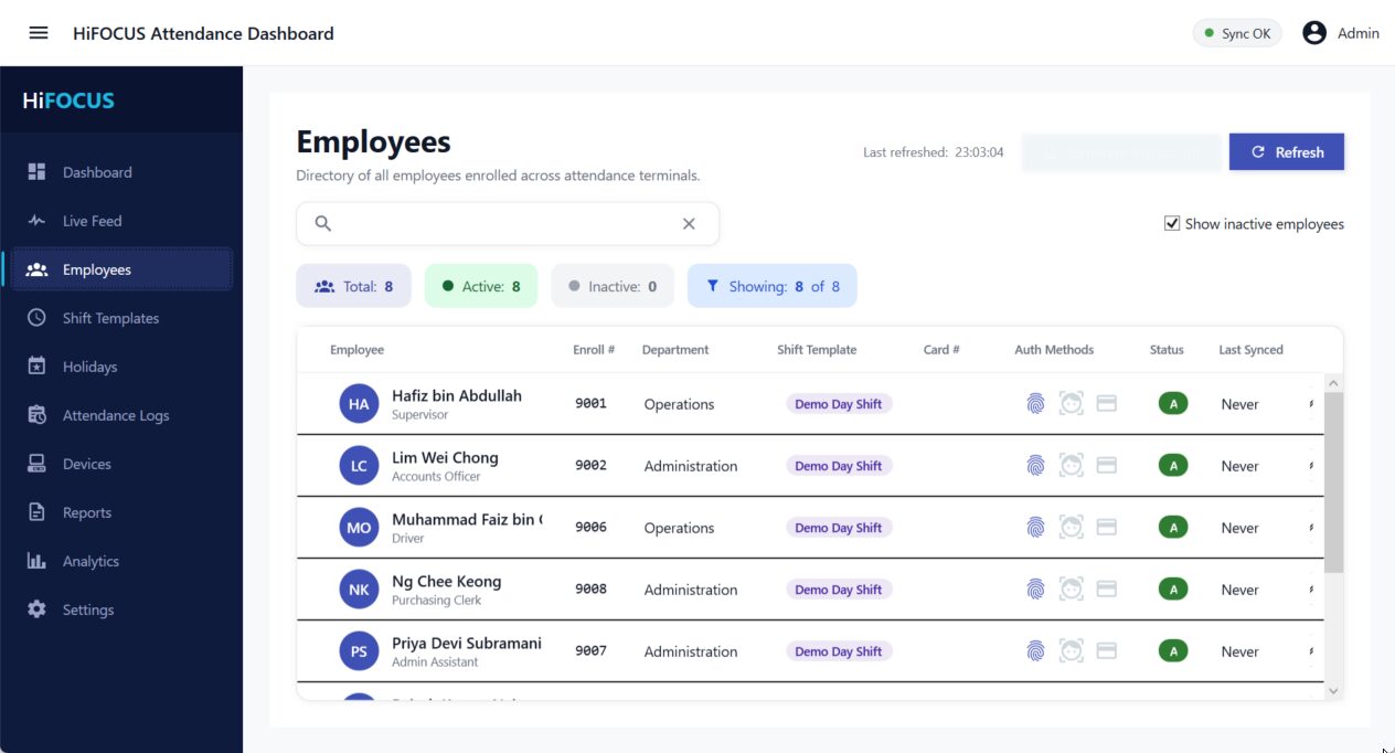 Employees screen listing enrolled staff with enrolment number, department, shift template and registered authentication methods