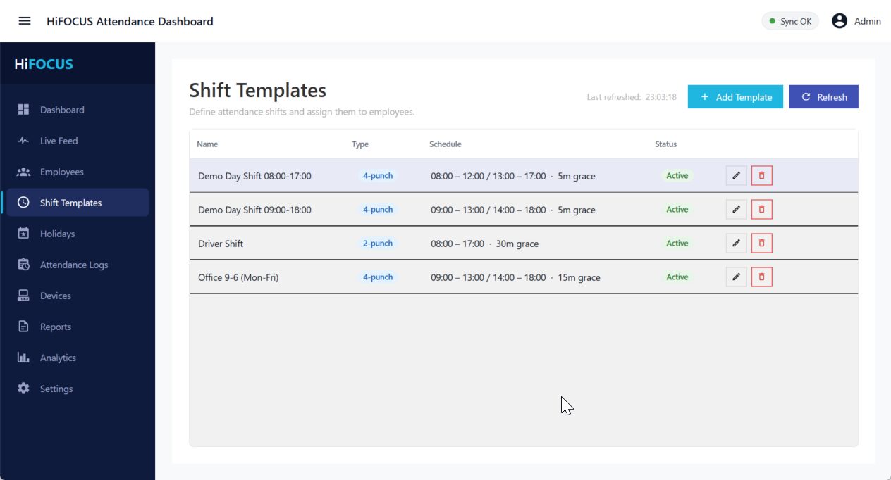 Shift Templates screen with two-punch and four-punch shifts, their schedules and grace periods