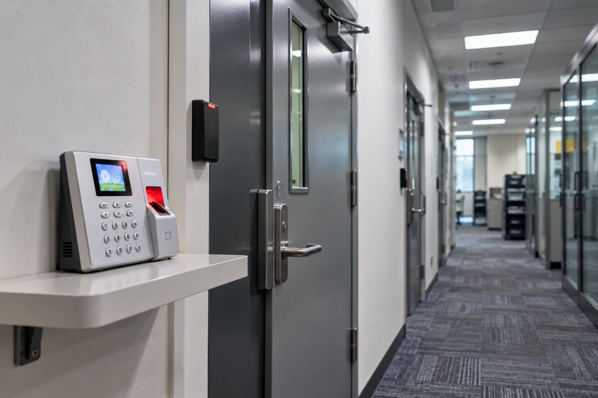Fingerprint attendance terminal on a shelf beside a secured back-office door