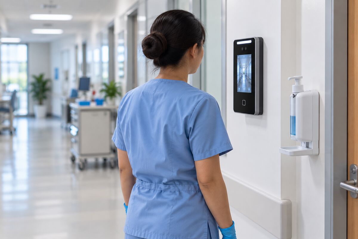 Clinic nurse using a contactless face terminal beside a ward door
