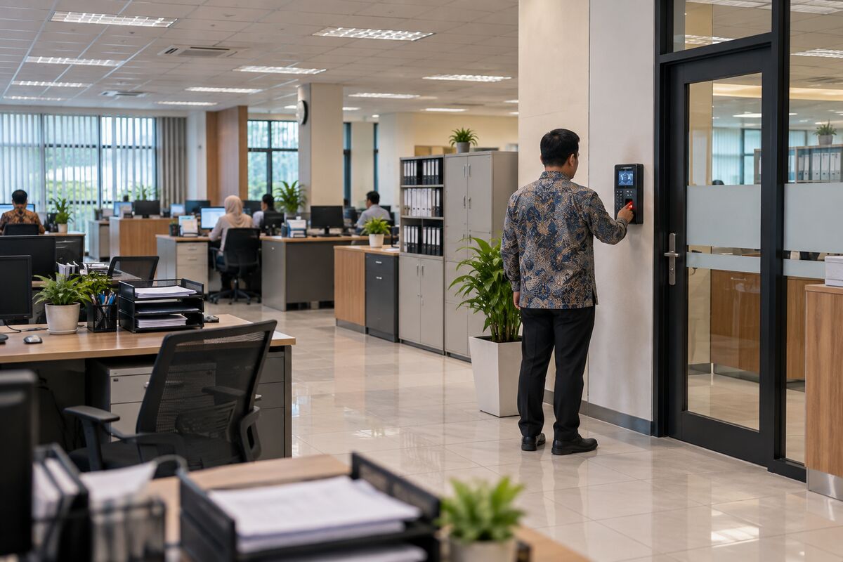 Staff member clocking in at a terminal by the door of a government office