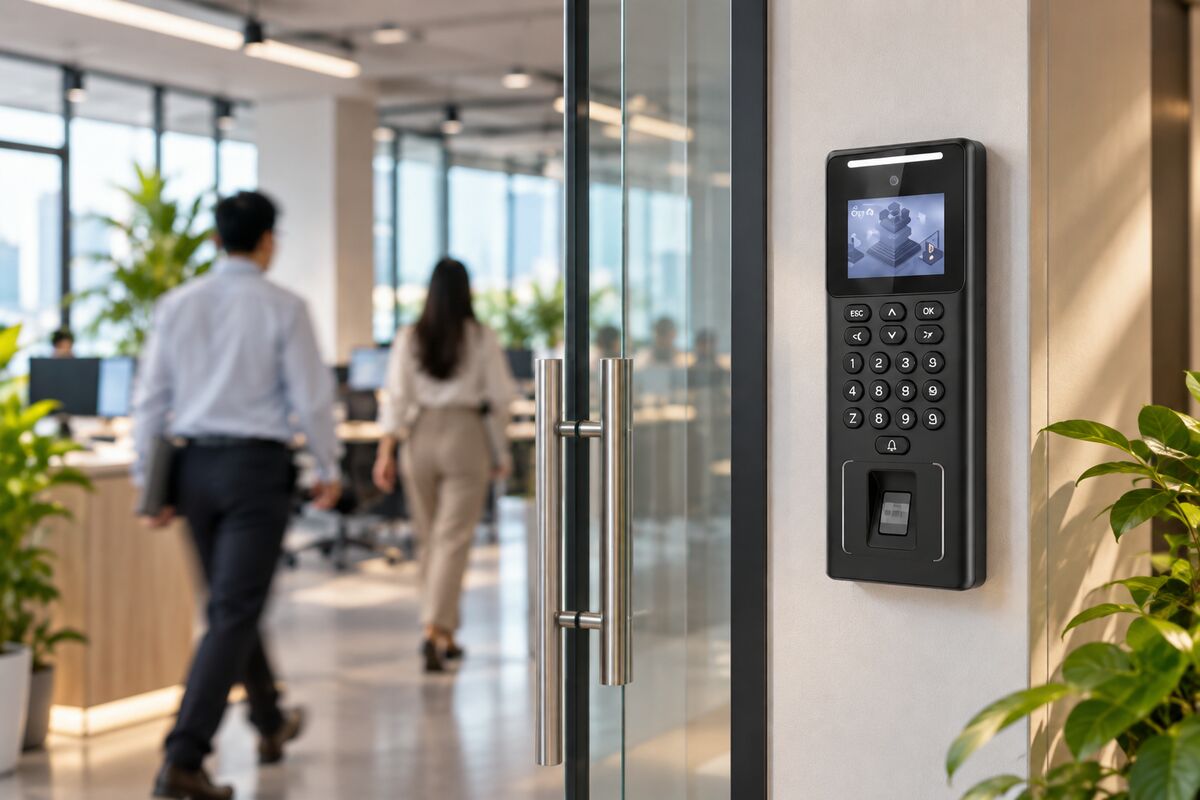 Attendance terminal beside a glass office entrance, with staff walking past