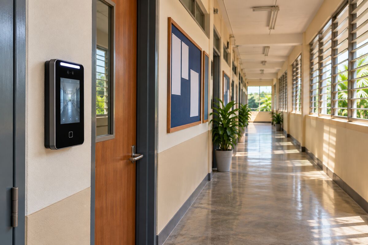 Face recognition terminal outside a classroom door on a school corridor