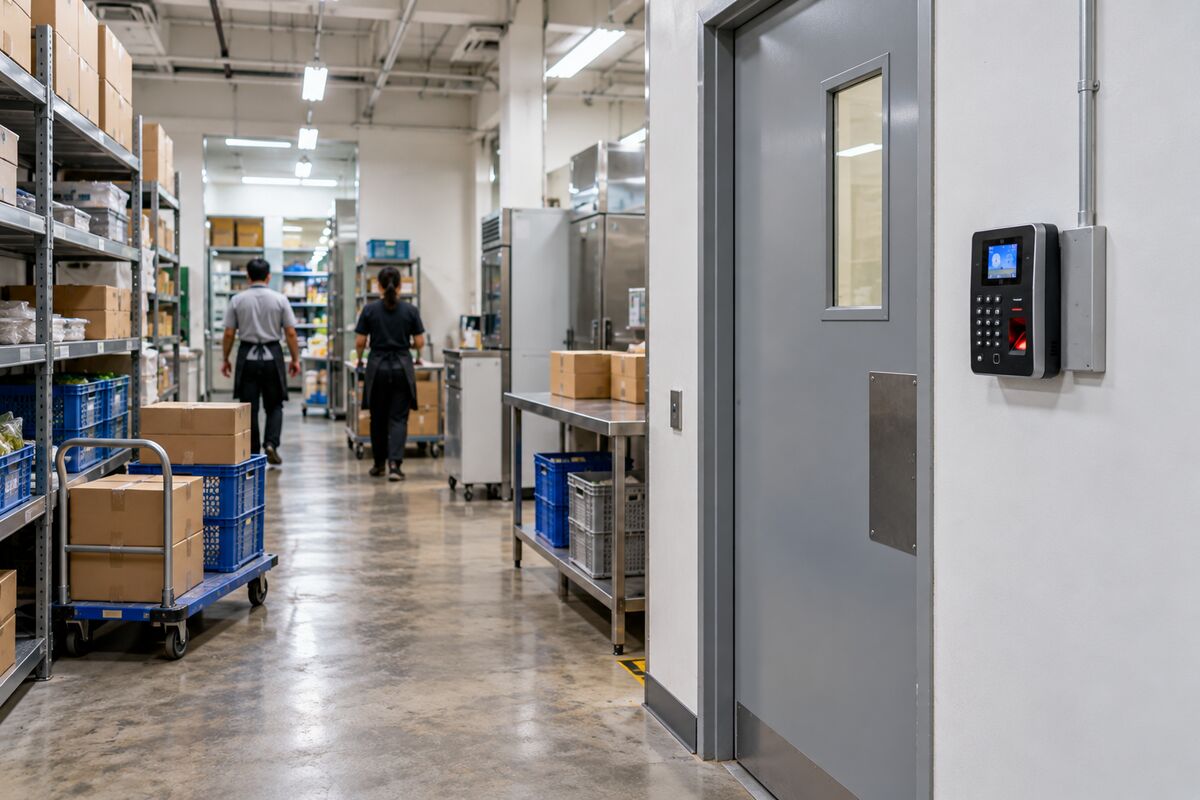 Attendance terminal at the staff door of a supermarket storeroom