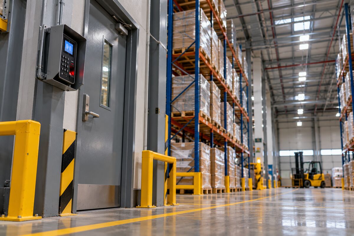 Attendance terminal at a warehouse personnel door, behind yellow safety barriers