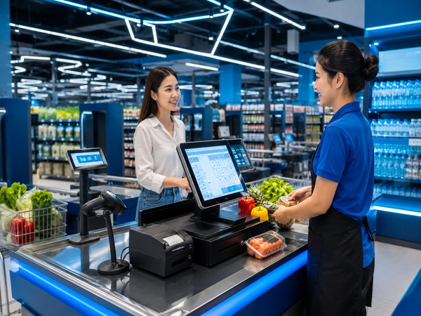 HiFOCUS POS & Inventory Management System used in a modern supermarket checkout