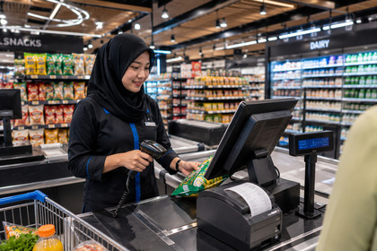 Cashier using the HiFOCUS POS & Inventory Management System for fast barcode billing at a supermarket checkout.