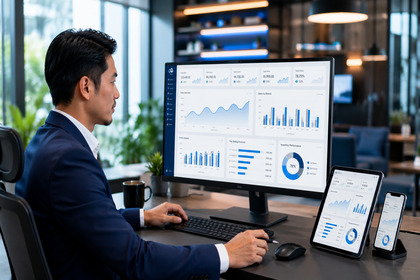 Business owner reviewing real-time sales reports, profit analysis and inventory dashboard with HiFOCUS POS & Inventory Management System.