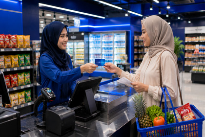 Customer using the HiFOCUS POS & Inventory Management System loyalty membership program at a modern retail store.
