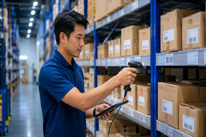 Employee using the HiFOCUS POS & Inventory Management System to manage warehouse inventory with barcode scanning.