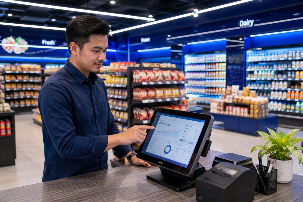 Business owner using HiFOCUS POS & Inventory Management System to manage retail sales and inventory in a modern supermarket.