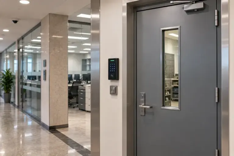 Keypad access reader at a bank back-office door