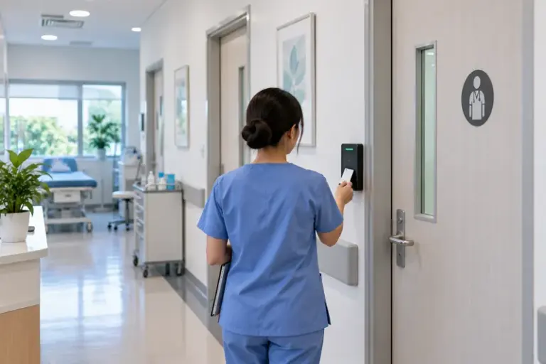 Nurse using an access reader at a clinic staff-only door