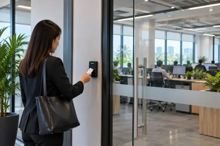 Staff presenting a card to an access reader at an office door