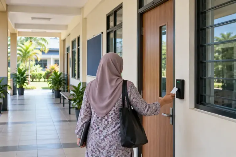 Teacher using a card reader at a school staff room door