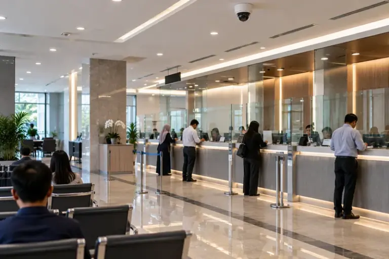 Dome CCTV camera above bank teller counters