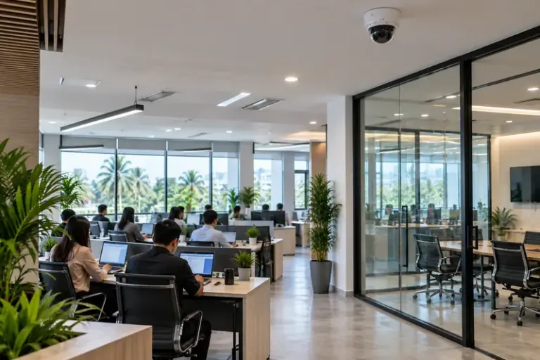 Dome CCTV camera covering an open-plan office
