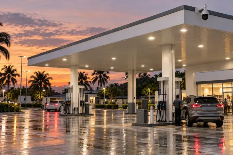 CCTV camera mounted on a petrol station forecourt canopy