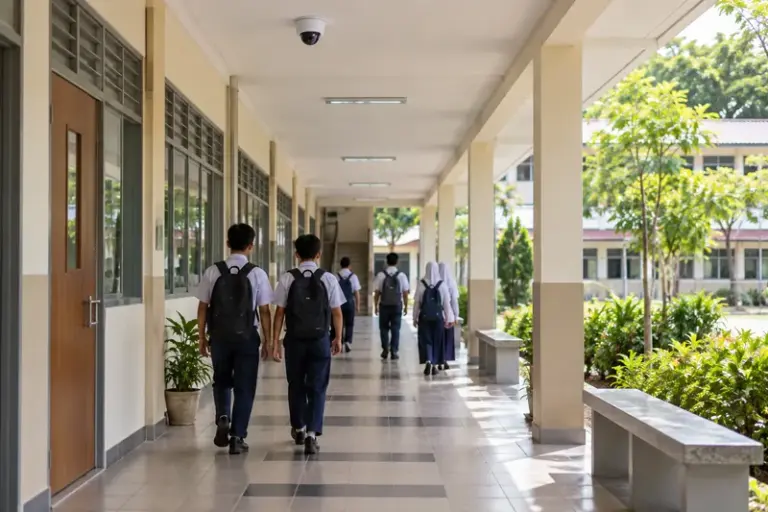 Dome CCTV camera in a school corridor