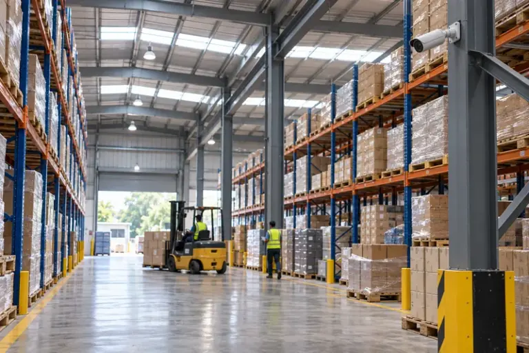 Bullet CCTV camera covering a warehouse aisle and loading area