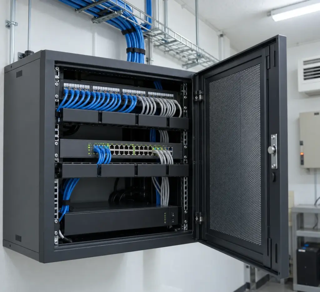 Wall-mounted network cabinet with patch panel, switch and managed cabling