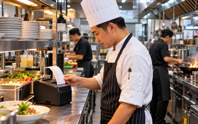Chef taking an order ticket from a kitchen printer in a restaurant kitchen