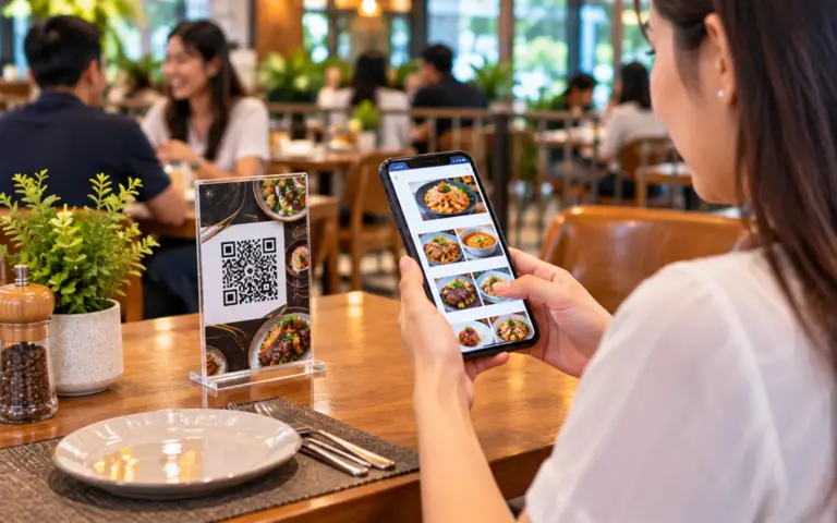 Diner scanning a table QR code and browsing the menu on a phone