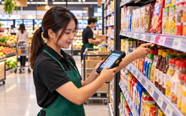 Supermarket staff scanning a shelf price label with a handheld mobile computer
