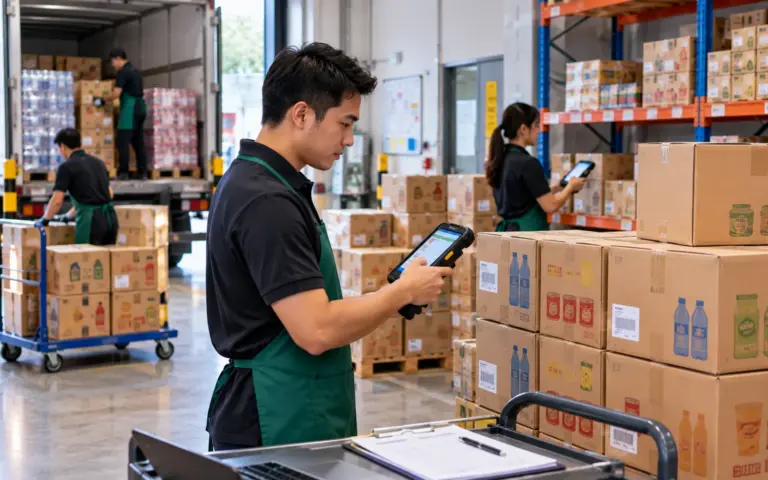 Staff scanning delivered cartons with a handheld at a store receiving area