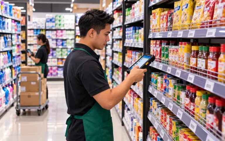 Staff counting stock at supermarket shelves with a handheld device