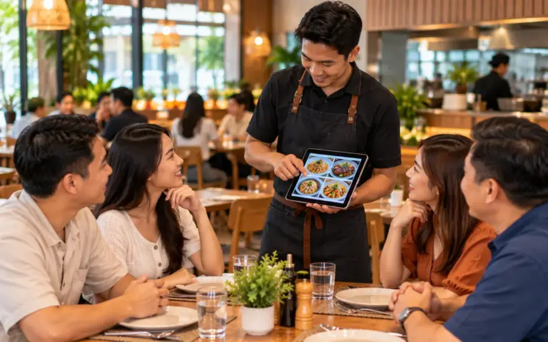 Waiter showing diners the menu on a tablet at their table