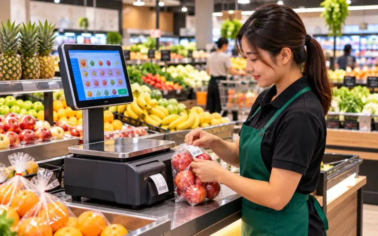 Staff labelling a bag of apples at a label-printing weighing scale in a fresh produce section