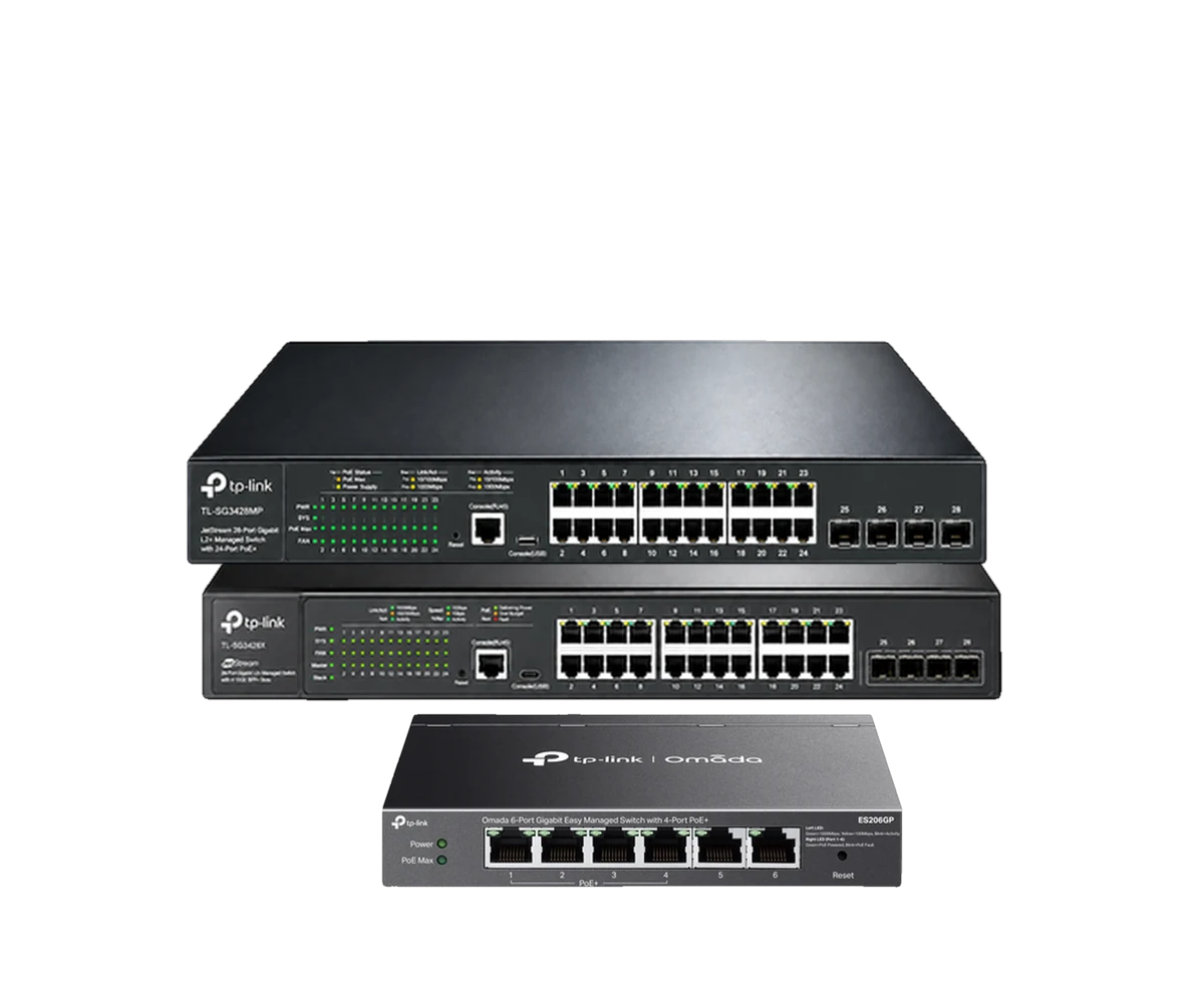 Two TP-Link rackmount managed switches stacked, with a desktop PoE switch in front