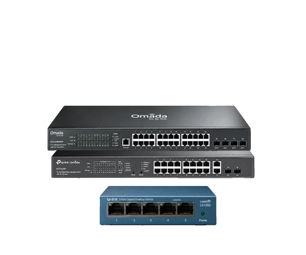 Two TP-Link Omada rackmount switches stacked, with a 5-port desktop switch in front