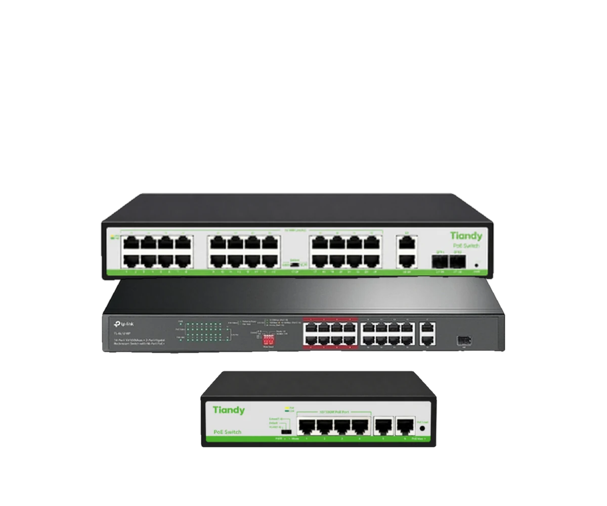 Tiandy and TP-Link rackmount PoE switches stacked, with a Tiandy desktop PoE switch in front