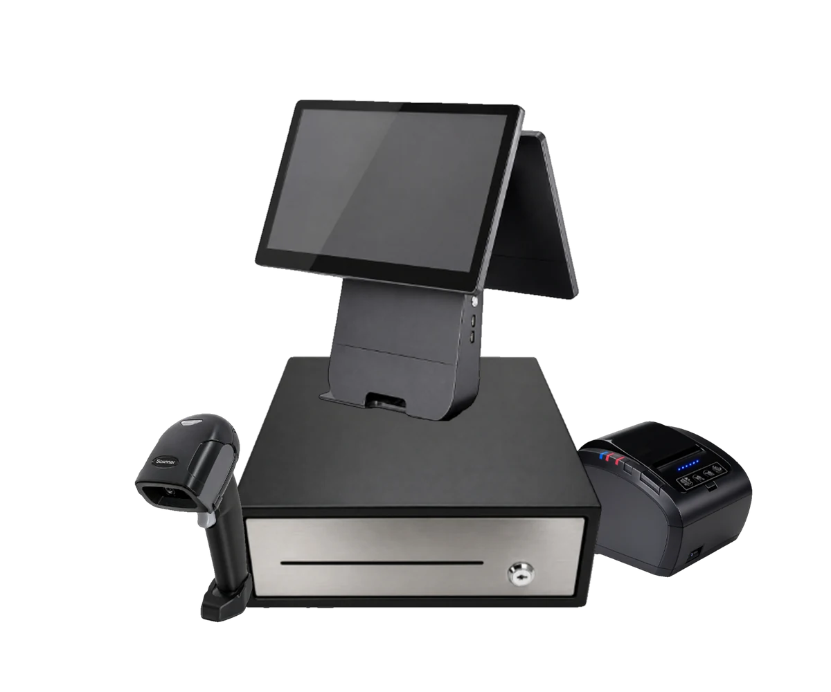POS terminal on a cash drawer with a handheld barcode scanner and a thermal receipt printer