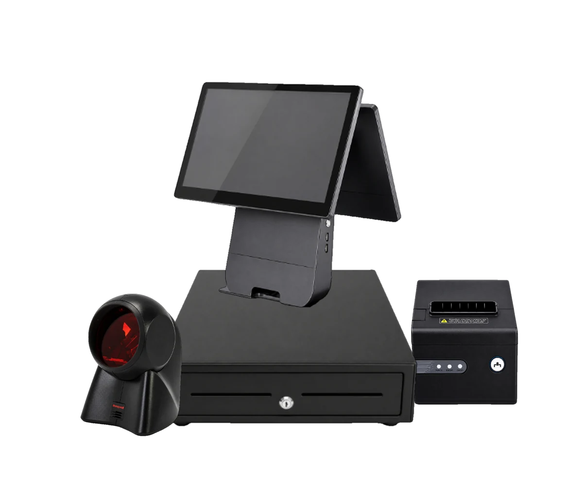 POS terminal on a cash drawer with an omnidirectional barcode scanner and a thermal receipt printer