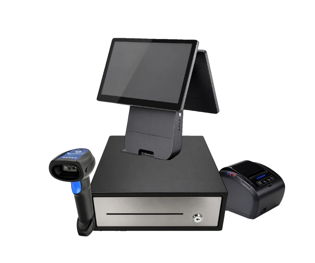 POS terminal on a cash drawer with a wireless barcode scanner and a thermal receipt printer